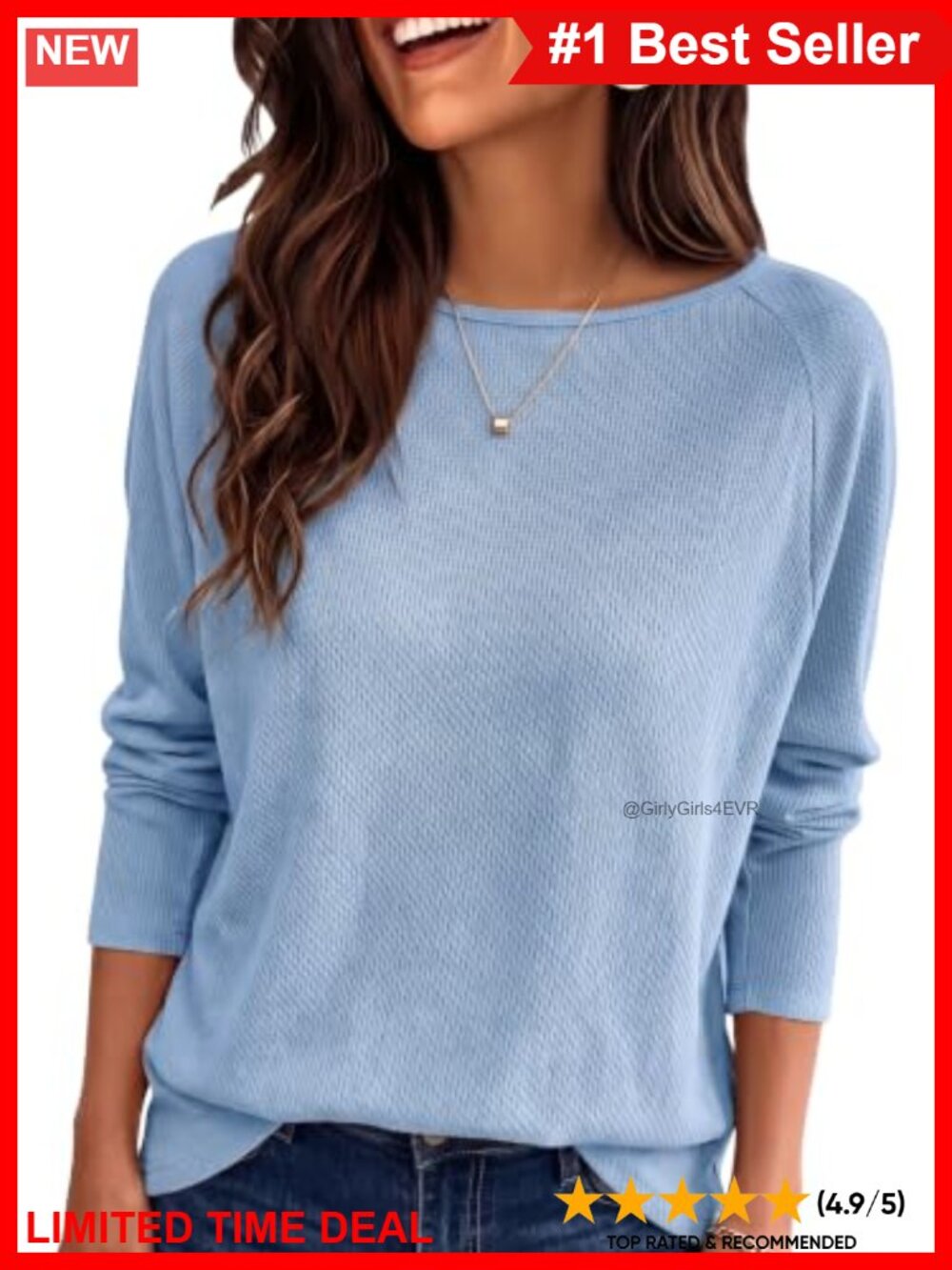Waffle Knit Long Sleeve Crewneck Top Lightweight Casual
